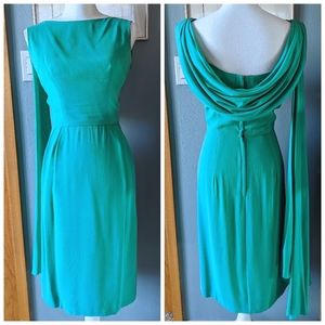 Vintage 1950s Kelly Green Chiffon Wiggle Dress with Back Drape